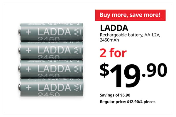 A product shot of 4 LADDA AA rechargeable battery in white on the left. On the right, a orange-red tag with white text that reads 'Buy more, save more', followed by black text on image that reads 