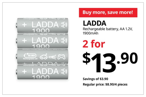 A product shot of 4 LADDA AA rechargeable battery in white on the left. On the right, a orange-red tag with white text that reads 'Buy more, save more', followed by black text on image that reads 