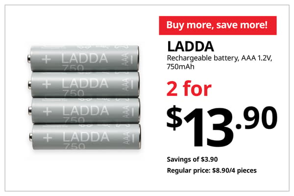 A product shot of 4 LADDA AAA rechargeable battery in white on the left. On the right, a orange-red tag with white text that reads 'Buy more, save more', followed by black text on image that reads 