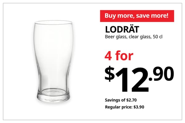 A product shot of a clear LODRÄT beer glass in 50 cl on the left. On the left, a orange-red tag with white text that reads 'Buy more, save more', followed by black text on image that reads 