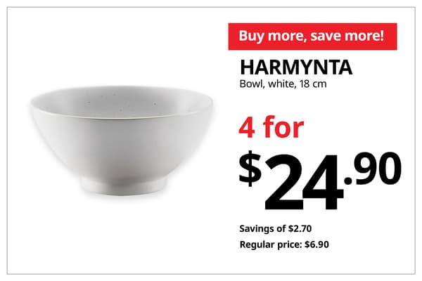 A product shot of a white HARMYNTA bowl in 18 cm on the left. On the left, a orange-red tag with white text that reads 'Buy more, save more', followed by black text on image that reads 
