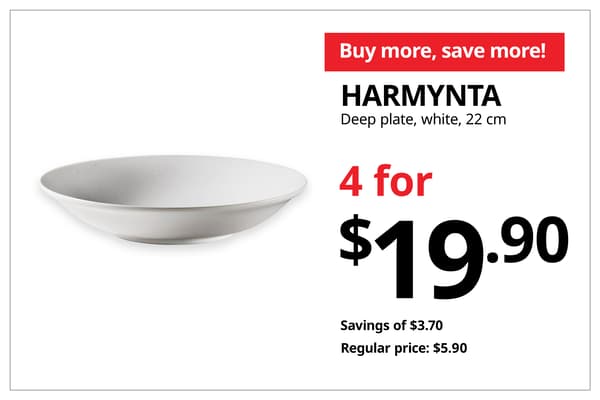 A product shot of a white HARMYNTA deep plate in 22 cm on the left. On the left, a orange-red tag with white text that reads 'Buy more, save more', followed by black text on image that reads 