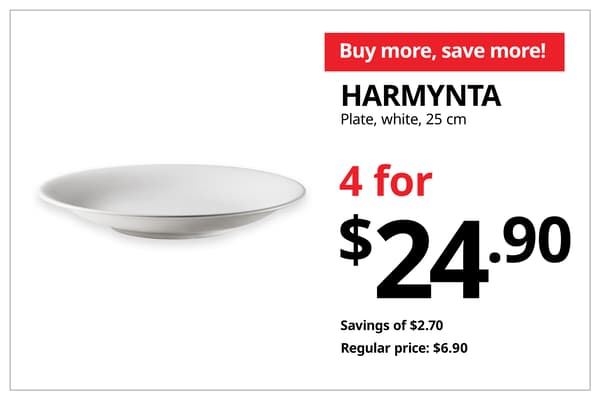 A product shot of a white HARMYNTA plate in 25 cm on the left. On the left, a orange-red tag with white text that reads 'Buy more, save more', followed by black text on image that reads 