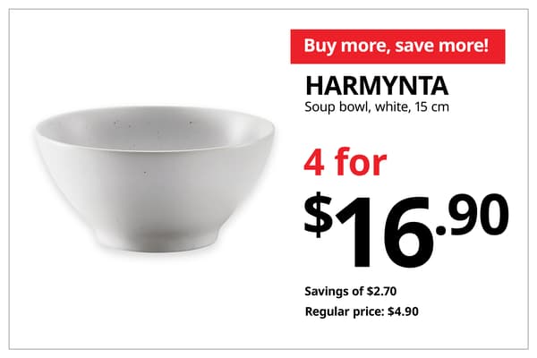 A product shot of a white HARMYNTA soup bowlin 15 cm on the left. On the left, a orange-red tag with white text that reads 'Buy more, save more', followed by black text on image that reads 