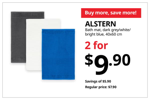 A product shot of ALSTERN bath mat in dark grey, white and bright blue on the left. On the right, a orange-red tag with white text that reads 'Buy more, save more', followed by black text on image that reads 