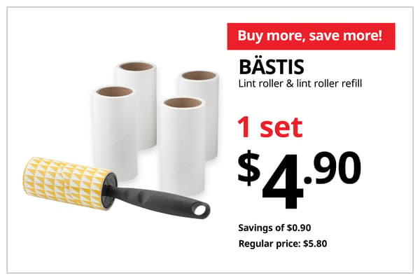 A product shot of BÄSTIS lint roller and lint roller refill on the left. On the right, a orange-red tag with white text that reads 'Buy more, save more', followed by black text on image that reads 