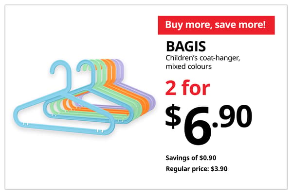 A product shot of BAGIS children's coat-hanger in mixed colours on the left. On the right, a orange-red tag with white text that reads 'Buy more, save more', followed by black text on image that reads 