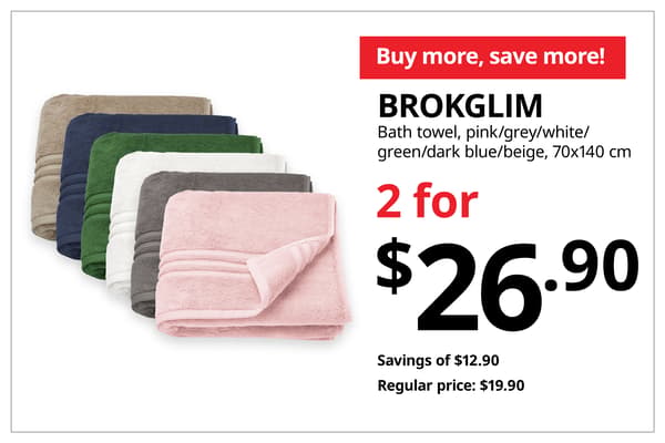 A product shot of BROKGLIM bath towel in pink, grey, white, green, dark blue and beige on the left. On the right, a orange-red tag with white text that reads 'Buy more, save more', followed by black text on image that reads 