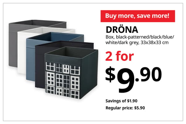 A product shot of DRÖNA box in black-patterned, black, blue, white and dark grey on the left. On the right, a orange-red tag with white text that reads 'Buy more, save more', followed by black text on image that reads 
