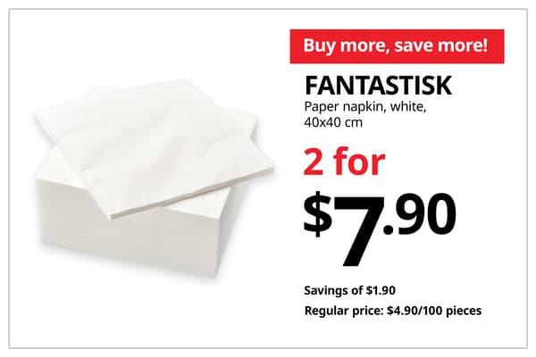 A product shot of FANTASTISK paper napkin in white on the left. On the right, a orange-red tag with white text that reads 'Buy more, save more', followed by black text on image that reads 