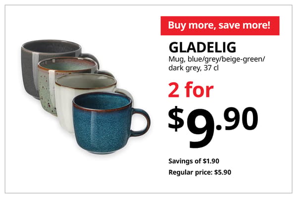 A product shot of GLADELIG mug in blue, grey, beige-green and dark grey on the left. On the right, a orange-red tag with white text that reads 'Buy more, save more', followed by black text on image that reads 