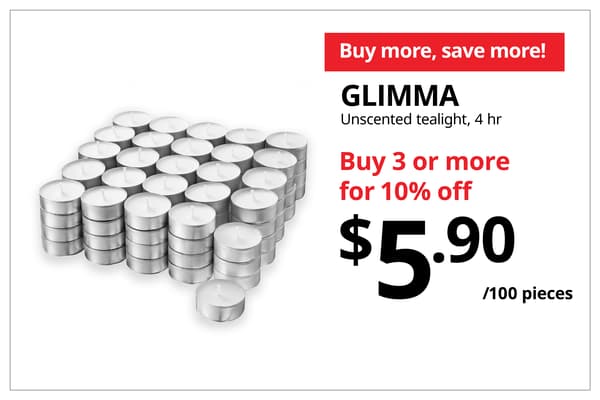 A product shot of GLIMMA unscented tealight candle on the left. On the left, a orange-red tag with white text that reads 'Buy more, save more', followed by black text on image that reads 