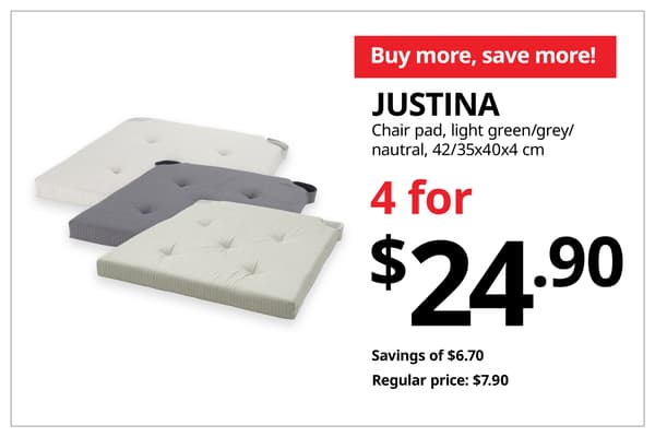 A product shot of JUSTINA chair pad in light green, grey and nautral on the left. On the right, a orange-red tag with white text that reads 'Buy more, save more', followed by black text on image that reads 