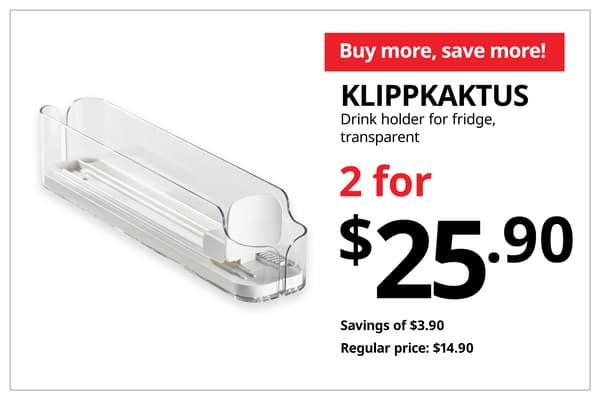 A product shot of KLIPPKAKTUS drink holder for fridge on the left. On the right, a orange-red tag with white text that reads 'Buy more, save more', followed by black text on image that reads 