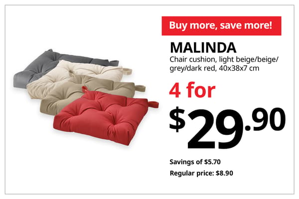 A product shot of MALINDA chair cushion in off-white beige-stripe, grey-beige and anthracite on the left. On the right, a orange-red tag with white text that reads 'Buy more, save more', followed by black text on image that reads 