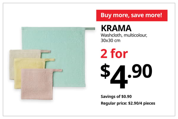 A product shot of multicolour KRAMA washcloth on the left. On the right, a orange-red tag with white text that reads 'Buy more, save more', followed by black text on image that reads 