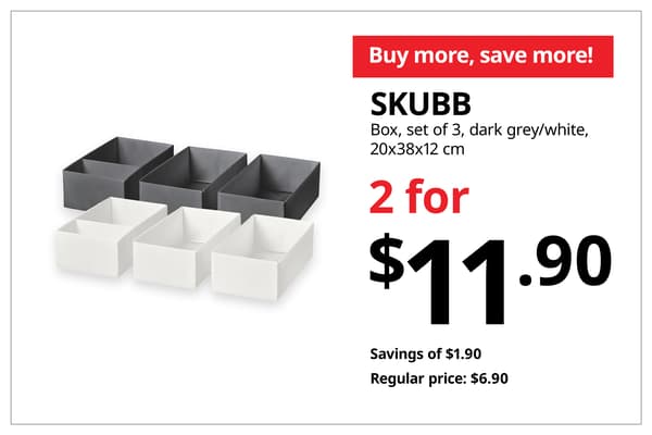 A product shot of SKUBB box in sets of 3 in dark grey and white on the left. On the right, a orange-red tag with white text that reads 'Buy more, save more', followed by black text on image that reads 