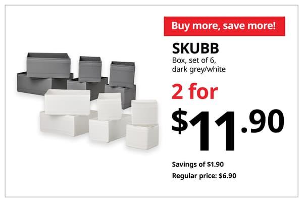 A product shot of SKUBB box in sets of 6 in dark grey and white on the left. On the right, a orange-red tag with white text that reads 'Buy more, save more', followed by black text on image that reads 