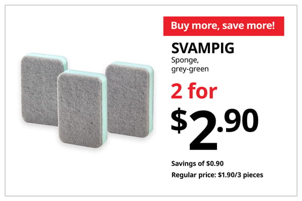 A product shot of SVAMPIG sponge in grey-green on the left. On the right, a orange-red tag with white text that reads 'Buy more, save more', followed by black text on image that reads 