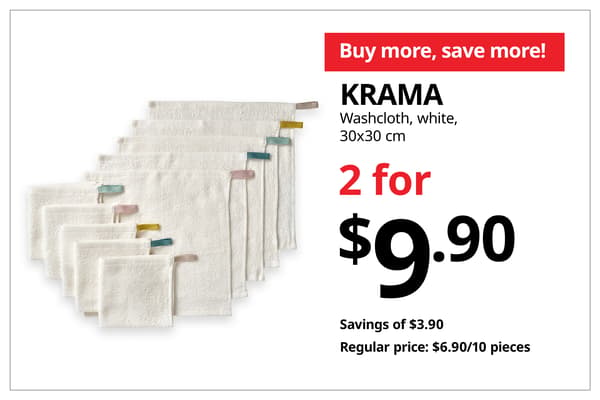 A product shot of white KRAMA washcloth bundle on the left. On the right, a orange-red tag with white text that reads 'Buy more, save more', followed by black text on image that reads 