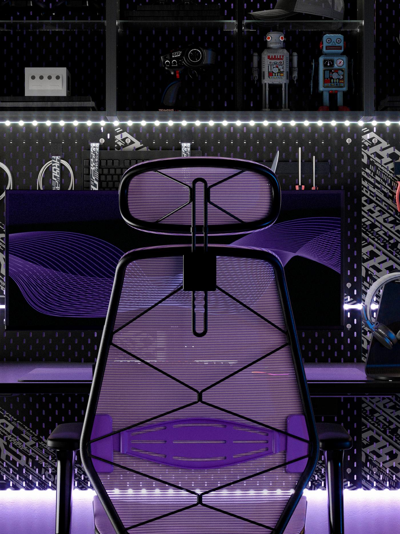 A purple IKEA STYRSPEL gaming chair in front of a black game desk.