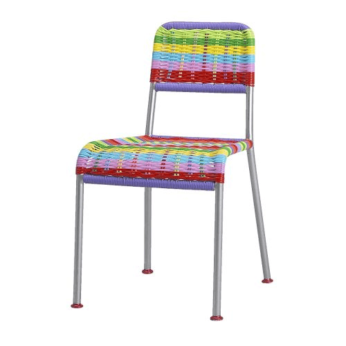 A rainbow colored children's chair against a white background.