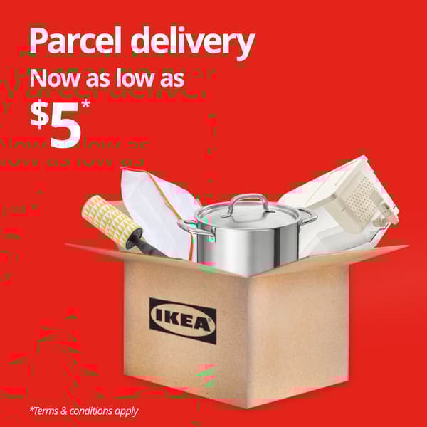 A red background with white text that reads "Parcel delivery now as low as $5*. *Terms & conditions apply"