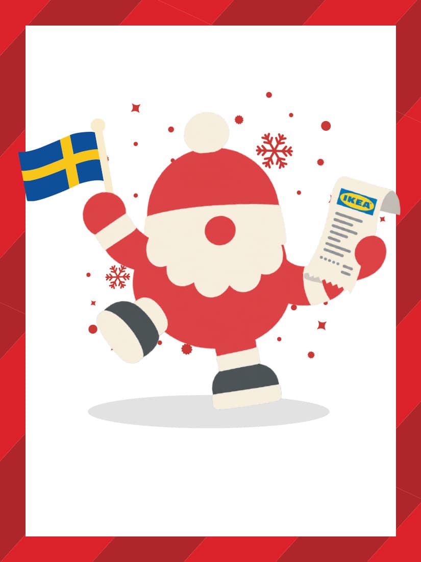 A red stripe background with VINTERFINT character holding a Sweden flag and IKEA receipt.