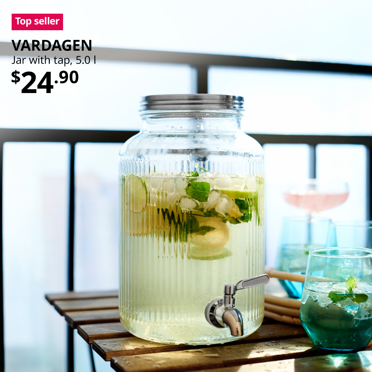 A red "Top seller" label is on the top left of image, with black text below that reads: VARDAGEN, Jar with tap, 5.0 l, price is $24.90"