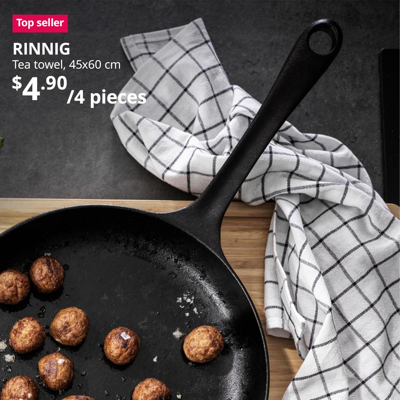 A red "Top seller" label is on the top left of image, with black text below that reads: RINNIG, Tea towel, 45x60 cm, price is $4.90/4 pieces" 