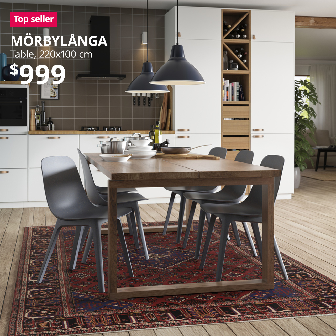  A red "Top seller" label is on the top left of image, with black text below that reads: MÖRBYLÅNGA, Table, 220x100 cm, $999" 