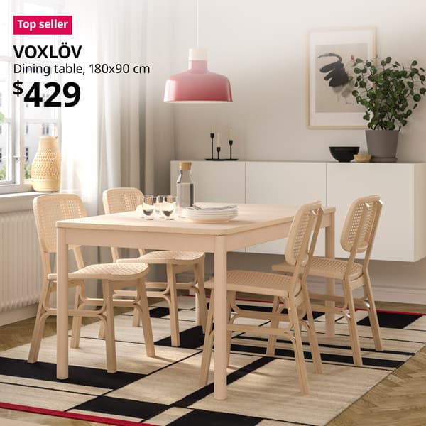  A red "Top seller" label is on the top left of image, with black text below that reads: VOXLÖV, Dining table, 180x90 cm, price is $429" 