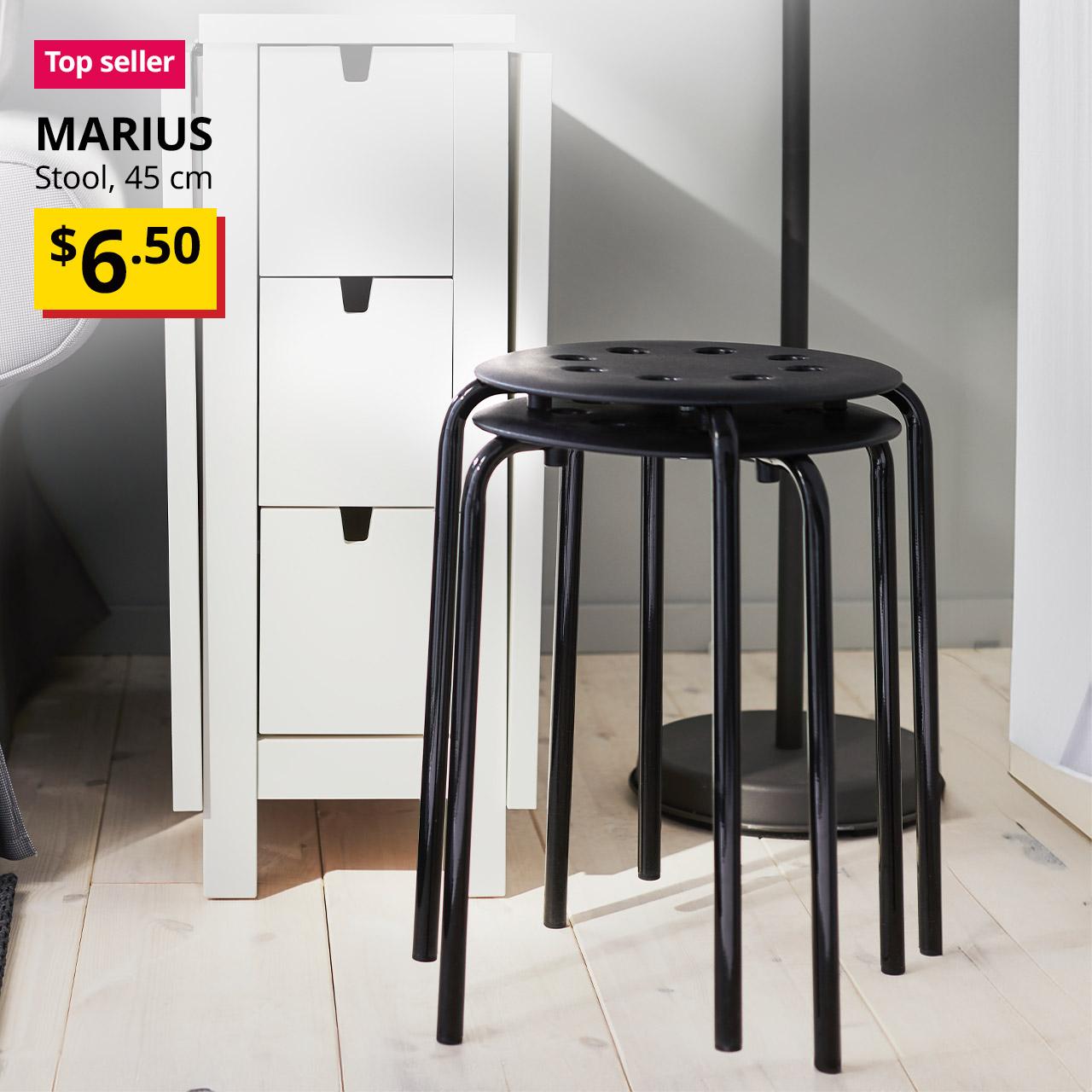  A red "Top seller" label is on the top left of image, with black text below that reads: MARIUS, Stool, 45 cm, with BTI price of $6.50" 