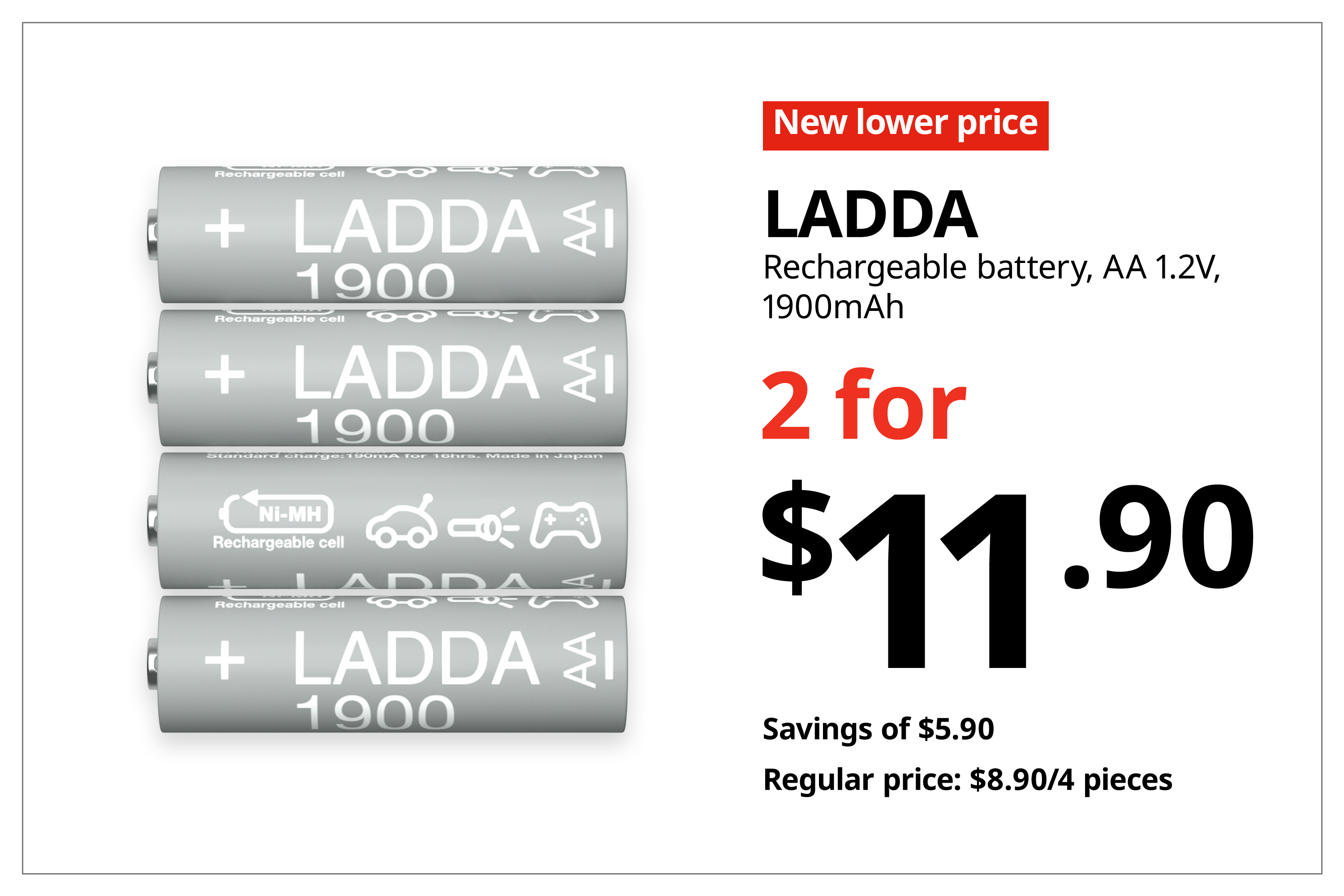 A red with white text 'New lower price' tag. Black text on image on the right that reads 