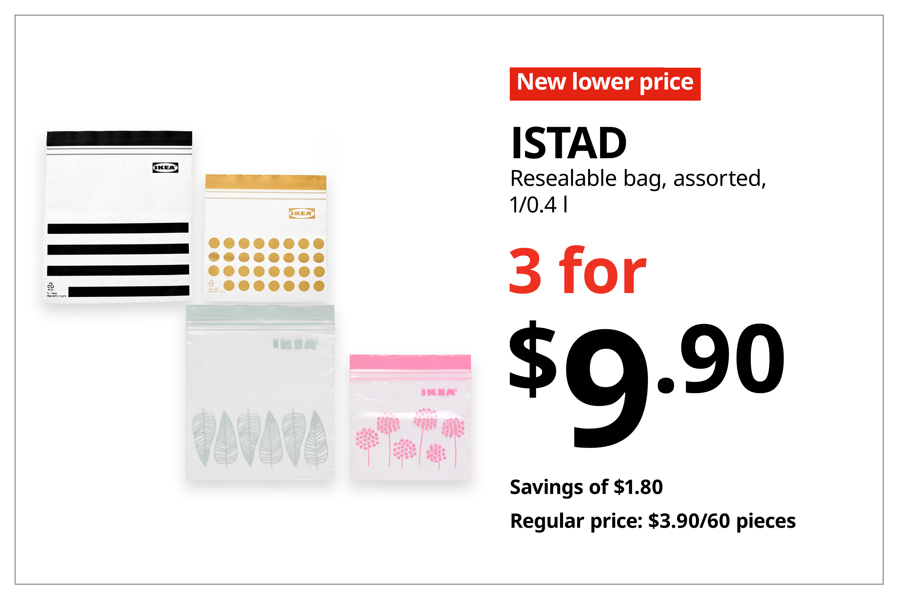 A red with white text 'New lower price' tag. Black text on image on the right that reads 