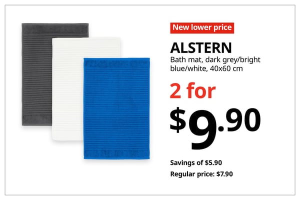 A red with white text 'New lower price' tag. Black text on image on the right that reads, 