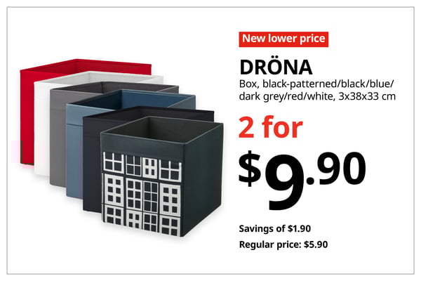 A red with white text 'New lower price' tag. Black text on image on the right that reads 