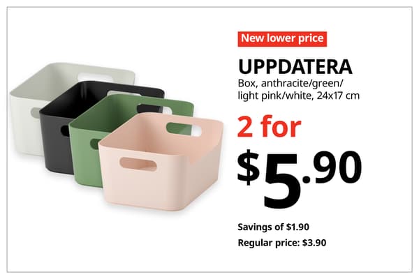 A red with white text 'New lower price' tag. Black text on image on the right that reads, 