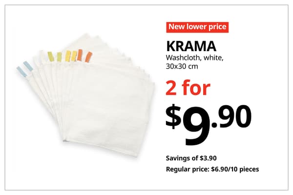 A red with white text 'New lower price' tag. Black text on image on the right that reads, 
