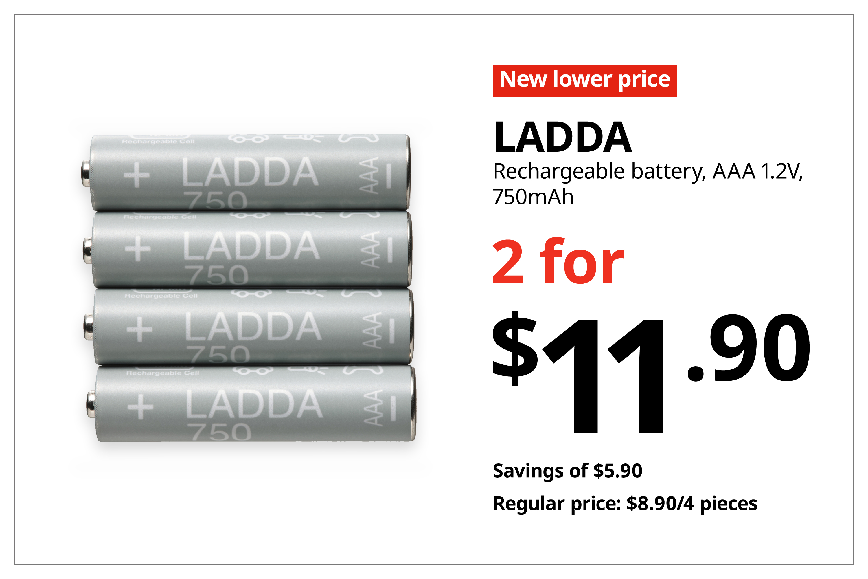 A red with white text 'New lower price' tag. Black text on image on the right that reads 