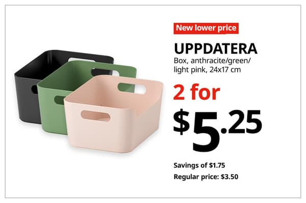 A red with white text 'New lower price' tag. Black text on image on the right that reads, 