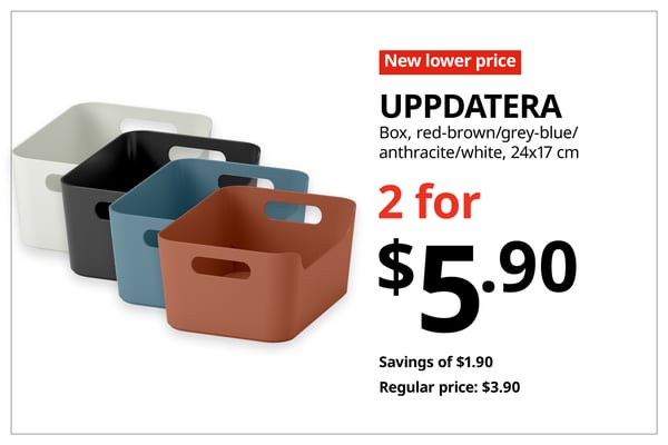 A red with white text 'New lower price' tag. Black text on image on the right that reads, 