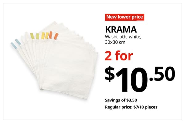 A red with white text 'New lower price' tag. Black text on image on the right that reads, 