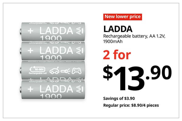 A red with white text 'New lower price' tag. Black text on image on the right that reads 