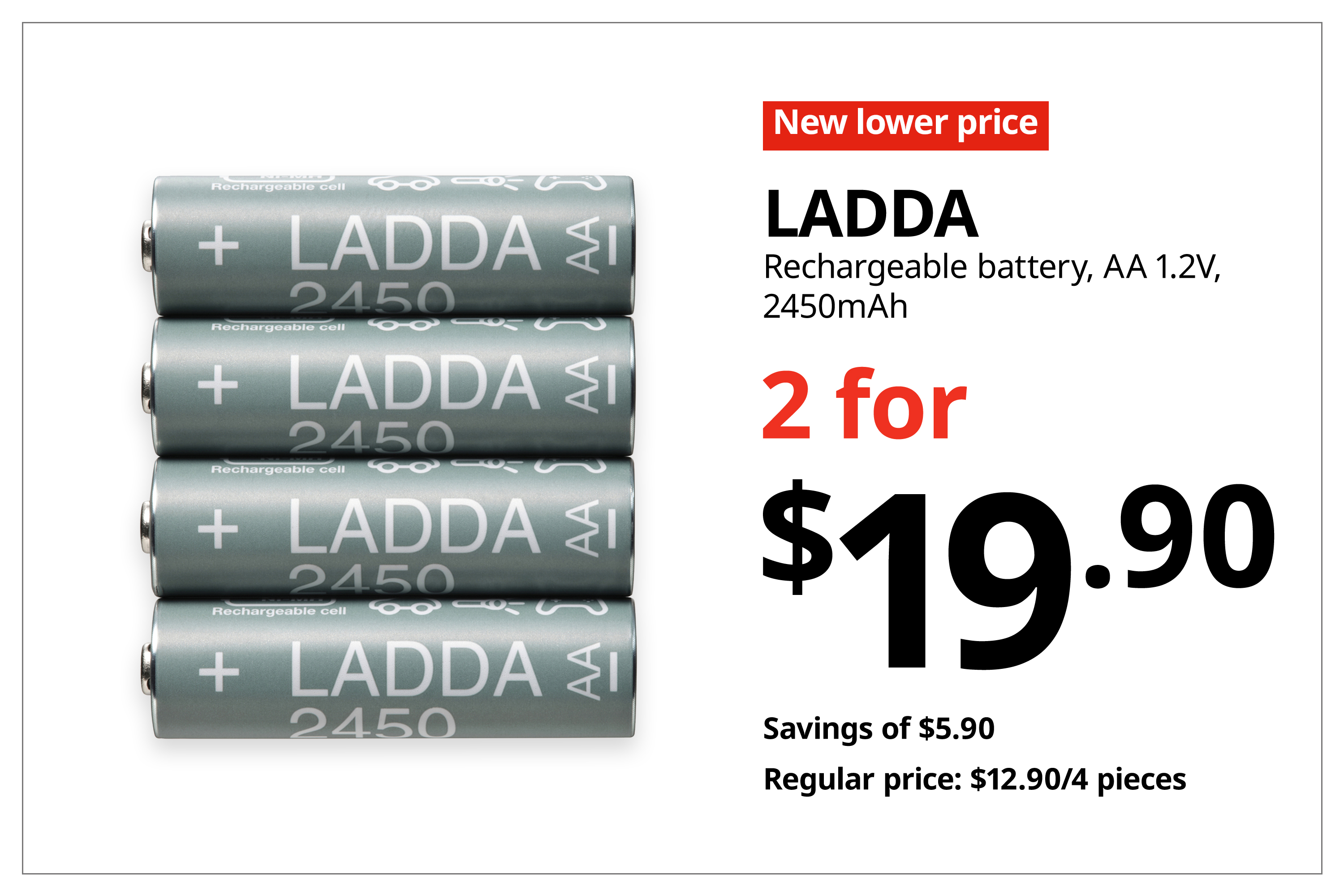 A red with white text 'New lower price' tag. Black text on image on the right that reads 