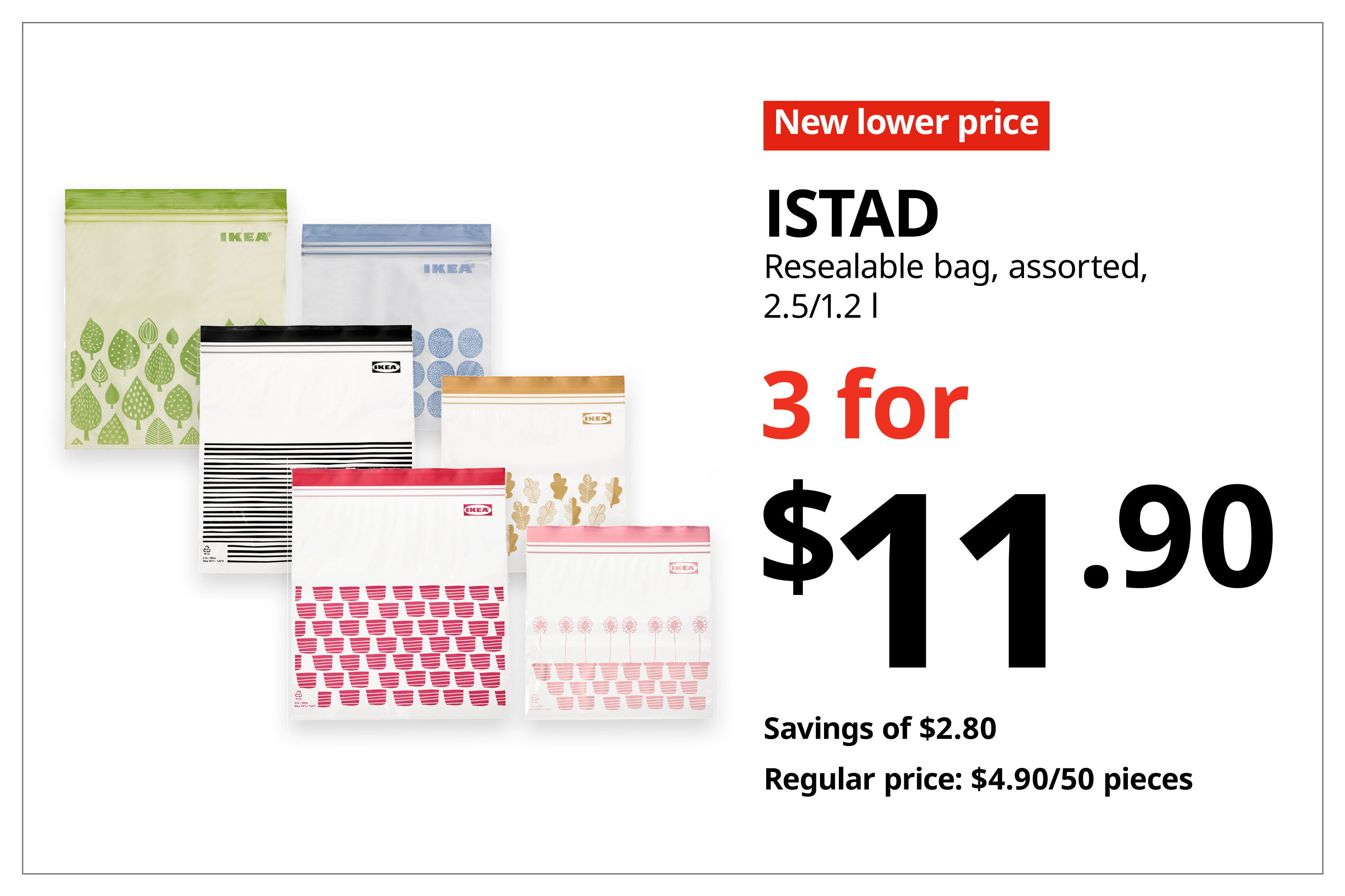 A red with white text 'New lower price' tag. Black text on image on the right that reads 