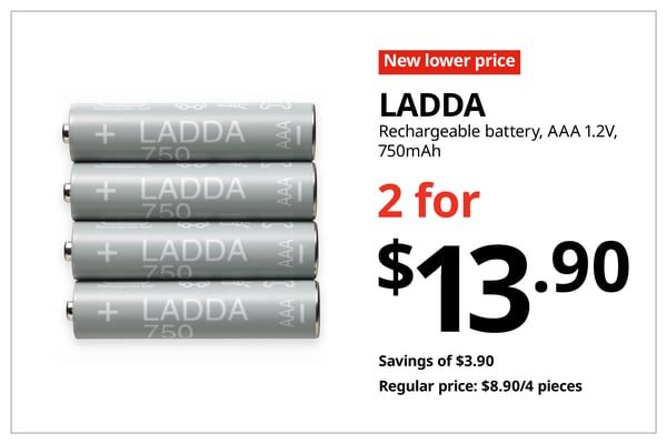 A red with white text 'New lower price' tag. Black text on image on the right that reads 