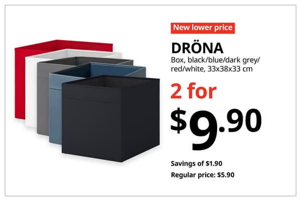A red with white text 'New lower price' tag. Black text on image on the right that reads 