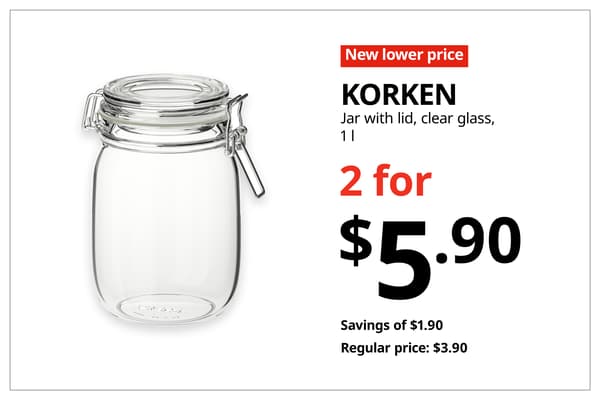 A red with white text 'New lower price' tag. Black text on image on the right that reads, 