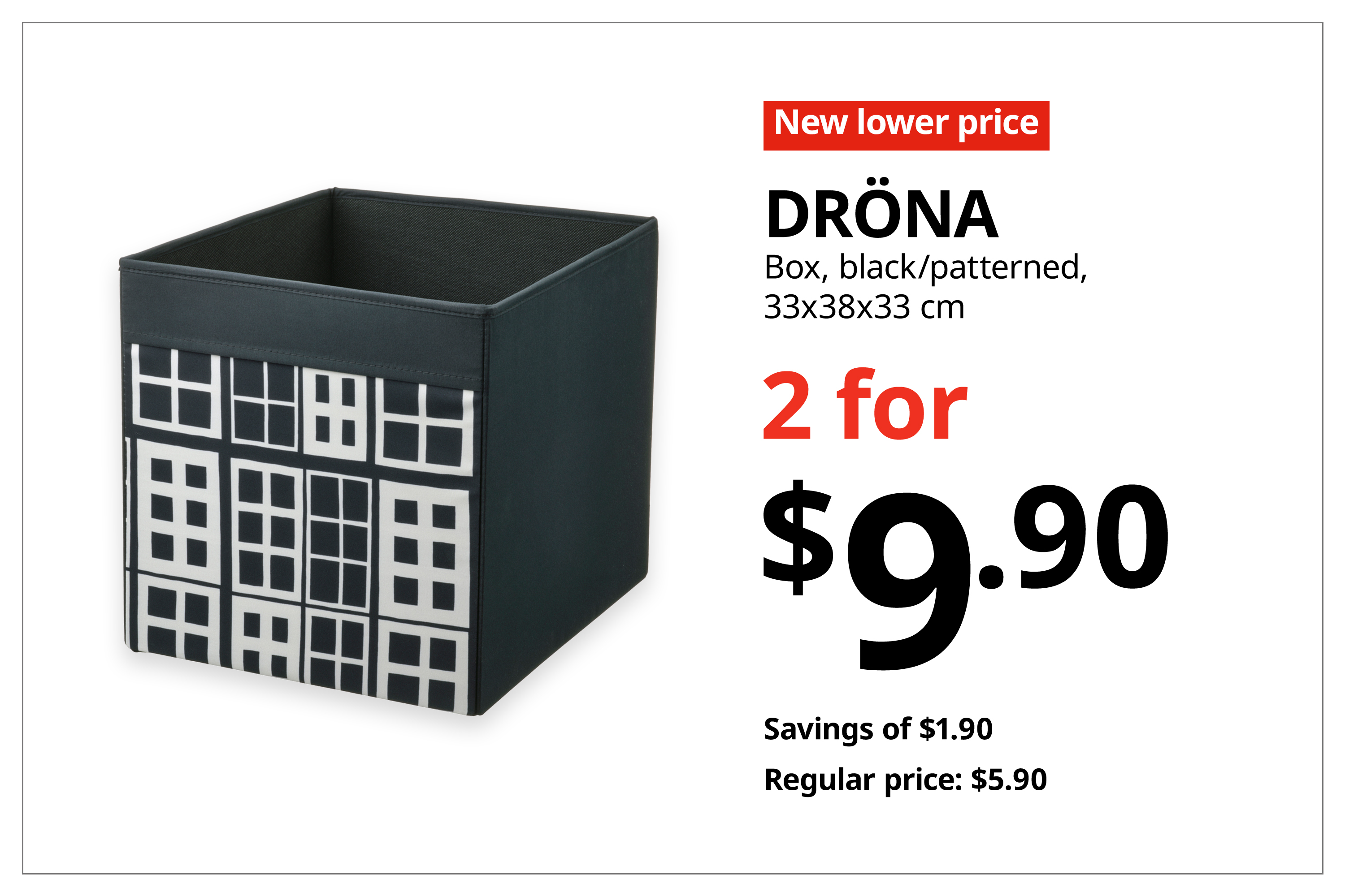 A red with white text 'New lower price' tag. Black text on image on the right that reads 